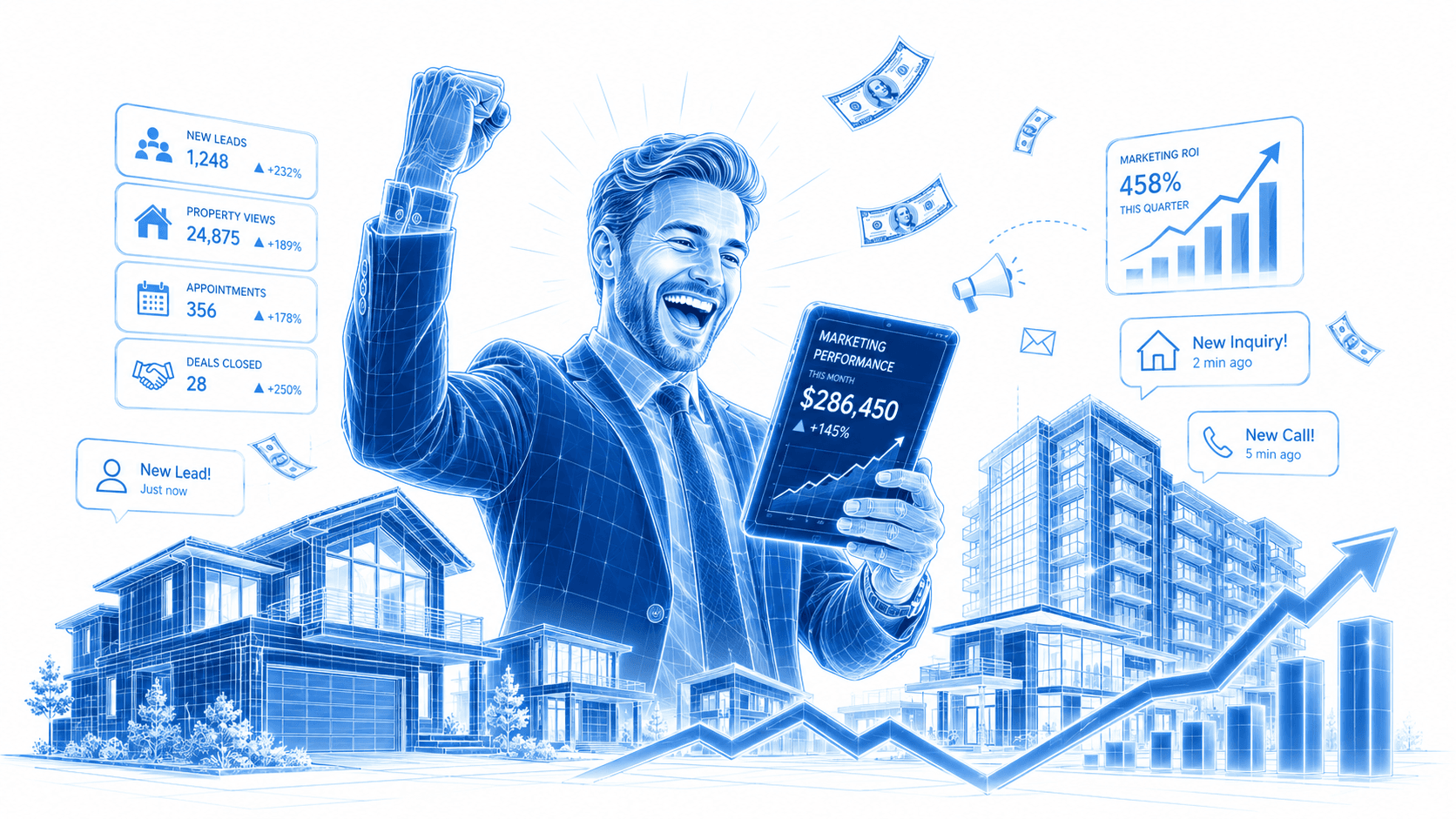A real estate agent celebrating strong results: new leads, property views, appointments, and closed deals all trending up